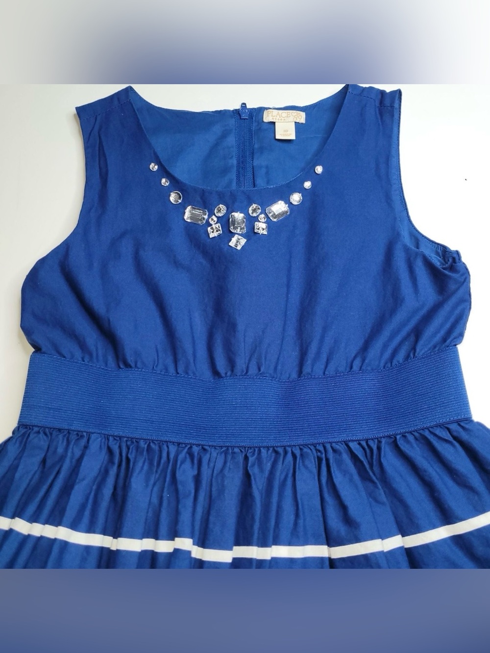 Girls The Children’s Place Striped Dress Navy Blue White Rhinestone Size 10 - Picture 5 of 10